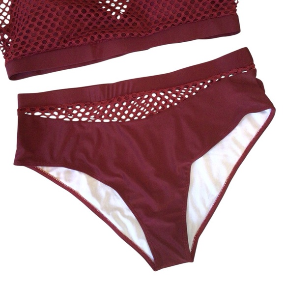 Women’s 2pc Plus Size Burgundy Red Mesh Fishnet High Waisted Bikini Set Size 3XL - Picture 4 of 9